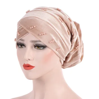 

Women Elastic Turban Muslim Hijab Islamic India caps Beads Chemo Caps Scarf Headwraps knotted Suede Pearl Toque headscarf abaya