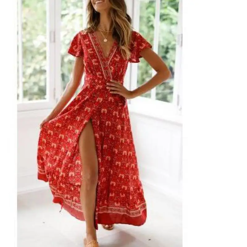 

Women Way Wrap Convertible Boho Maxi Club Red Diamond Print Wrap Long Boho Dress Women Sexy Boho Club Dress Casual F0138