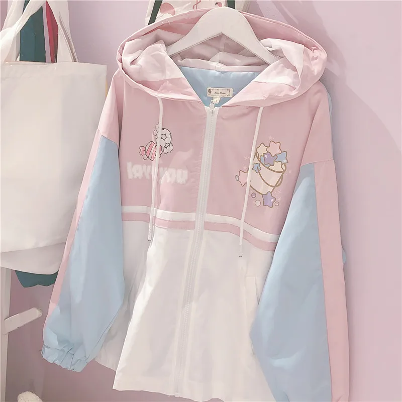 Harajuku Mori Girl Лоскутная Свободная куртка на молнии с мультяшным принтом осеннее