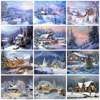 

Huacan Diamond Painting Full Square Scenery Mosaic Snow Farmhouse Home Decor Embroidery House Handmade Gift