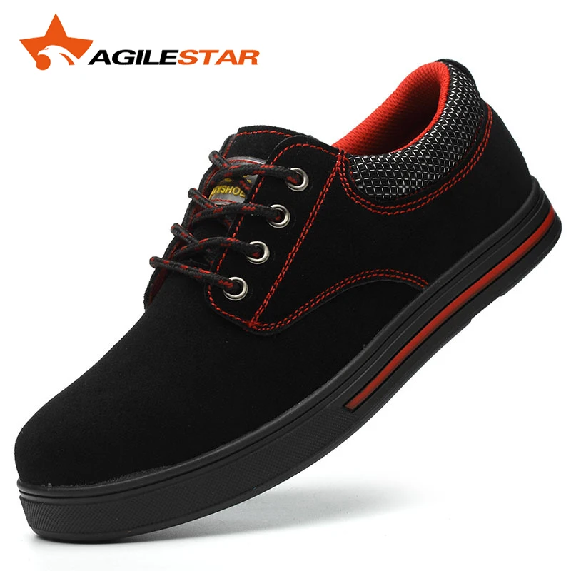 Рабочая замша защитная обувь для мужчин проколов резиновая подошва износостойкая противоскользящая сталь носок стальная промежуточная защитная обувь - Цвет: Black