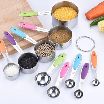 

10pcs Multifunction Measuring Cups& Spoons Teaspoon Silicone Handle Stainless Steel Set Coffee Tea Rice Kitchen Accessories Tool