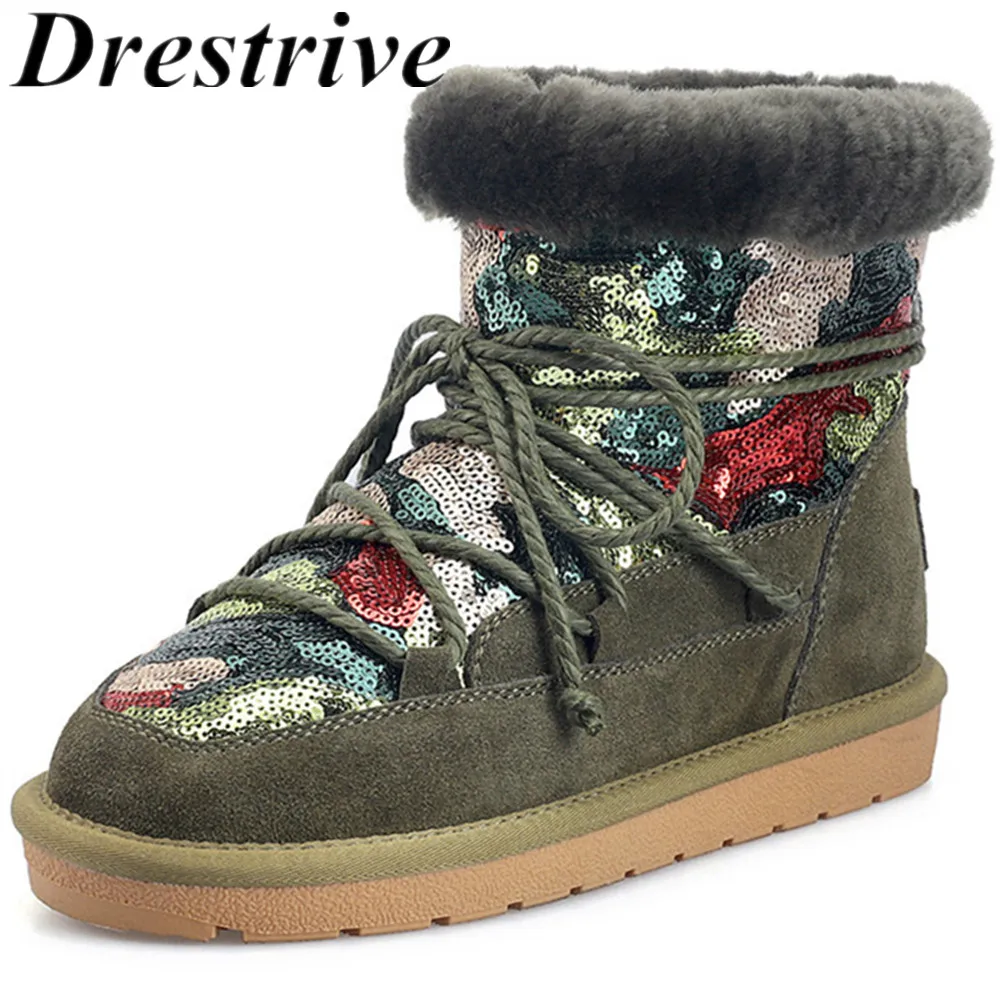 Drestrive женские зимние ботинки из коровьей замши, на плоской подошве, с шерстяной подкладкой женские ботильоны на платформе с украшением зимние ботинки с круглым носком, на шнуровке, большой размер 43