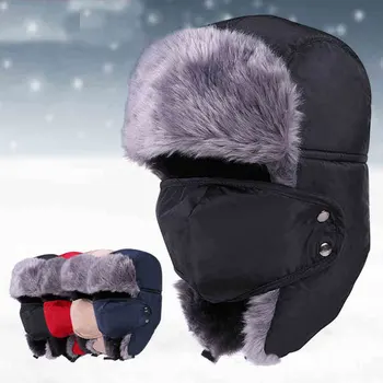 

New Winter Faux Fur Hats Outdoor Windproof Thick Warm Snow Women Men Cap Face Mask Cycling Caps TC21