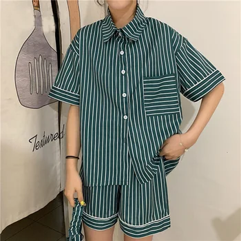

Home Clothes Vintage Striped Print Pajama Women Blouses+Shorts Eye Patch or Hair Hand 3pcs Sleepwear Students Pyjama Femme S1014