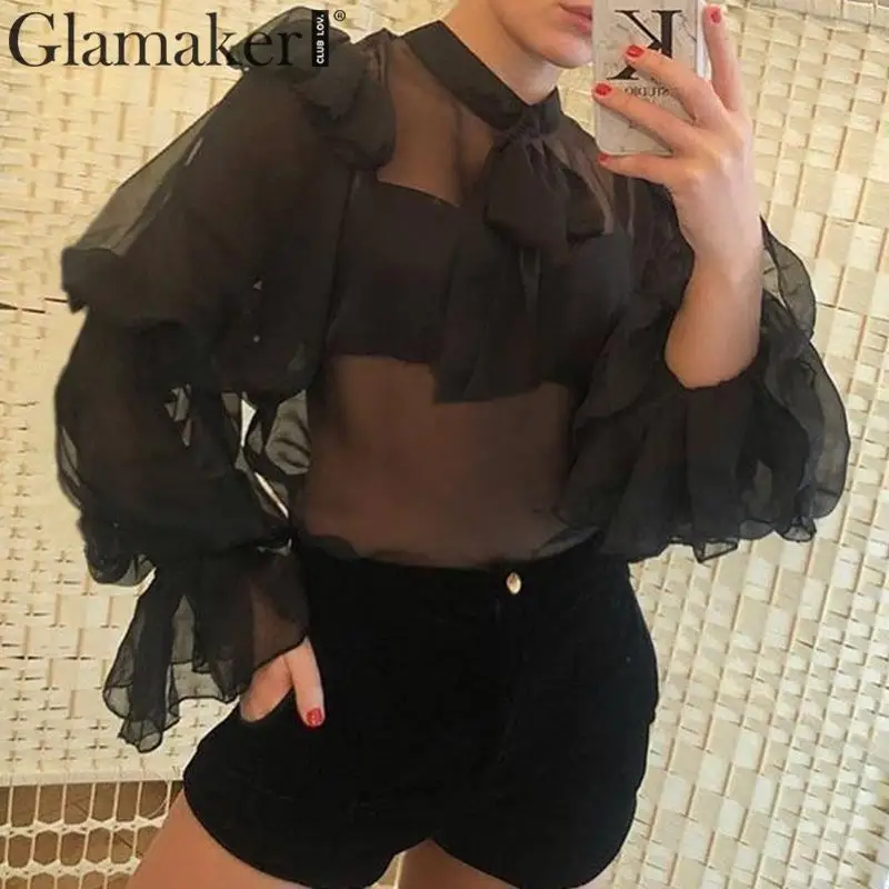 Glamaker, черная шифоновая блузка с воротником-бантом, женская элегантная блузка с длинными рукавами-фонариками и рюшами, осенне-зимняя сексуальная женская блузка