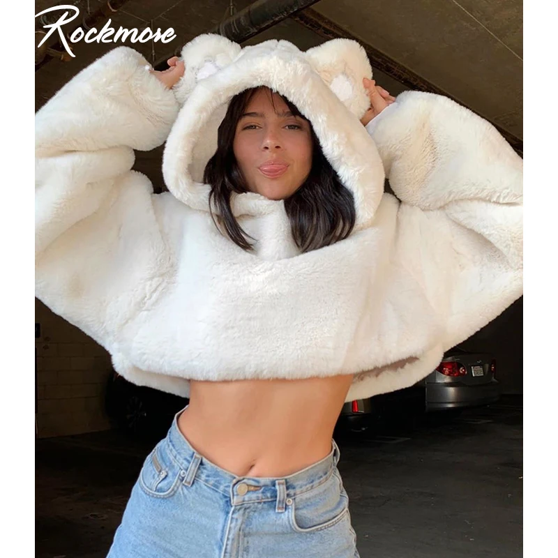 

Rockmore Fuzzy Crop Top Hoodies Sweatshirts With Ear Furry Cropped Sweatshirt Women White Thicken Warm Cute Kawaii Hoodie Winter