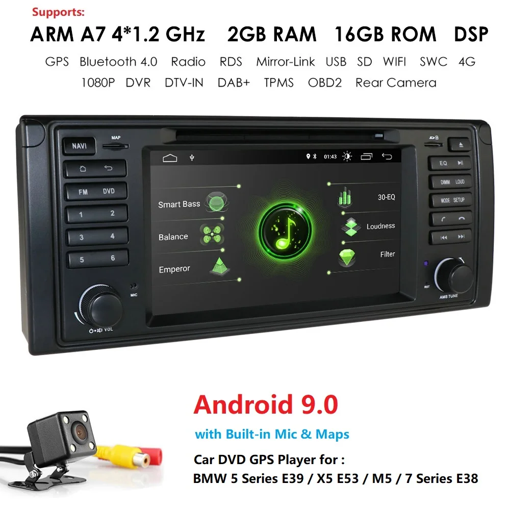 

2G RAM 16G ROM 1DIN Android 9 Auto Radio For BMW/E39 X5 E53 M5 E38 Quad Core 7'' Car Multimedia GPS Navi RDS DSP SWC Mirror link