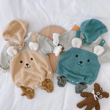 

Newborn Winter Jumpsuit Plus Velvet Warm Cartoon Striped Infant Clothing Chistmas Baby Girl Long Sleeve Rompers Kids Onesies