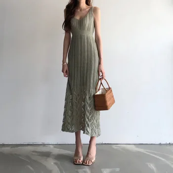 

2020 new style western style suspender vest dress women's summer temperament ice silk knitted skirt hollow slim skirt