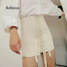 Rebicoo Women Summer Harajuku Fashion Streetwear Skirts Hole Cross Bandage High Waist Bodycon Sexy Packet Hip Short Skirt