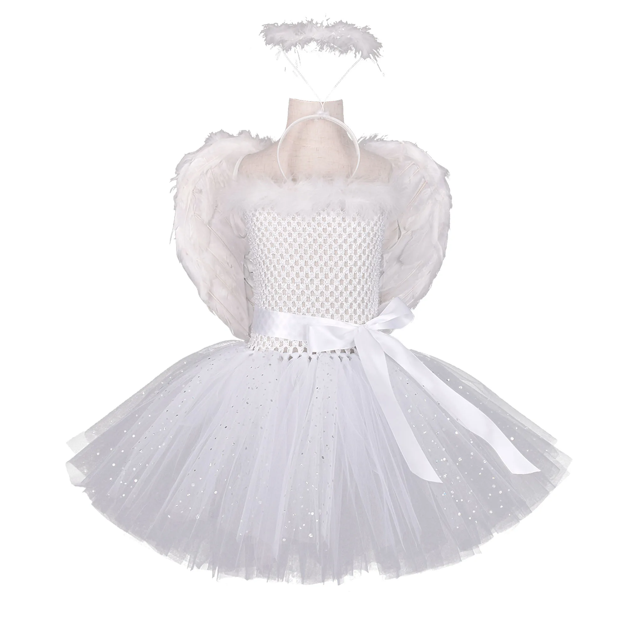 Girls White Angle Tutu Dress with Wings Feather Headband Glitter Party Tulle Dresses Costume Kids Halloween Photo | Детская одежда и