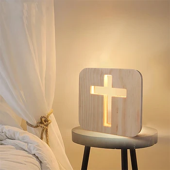 

3D Wooden Cross LED Lamp Wood Night Light USB Desk Table Lamps Christianity Crucifix Crafts For Gift Home Decoration