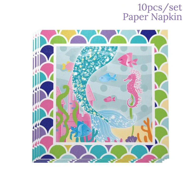 10pcs napkin Праздничные украшения для девочек на день рождения, вечерние одноразовые столовые приборы в стиле Русалочки, принадлежности для пляжного отдыха, свадьбы, для детского душа - Цвет: 10pcs napkin
