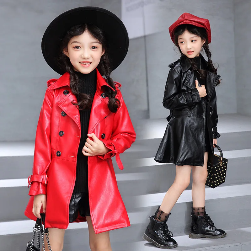 

Childrenswear 2019 Autumn New Style Korean-style Girls Big Boy Double Breasted Mid-length PU Leather Trench Coat