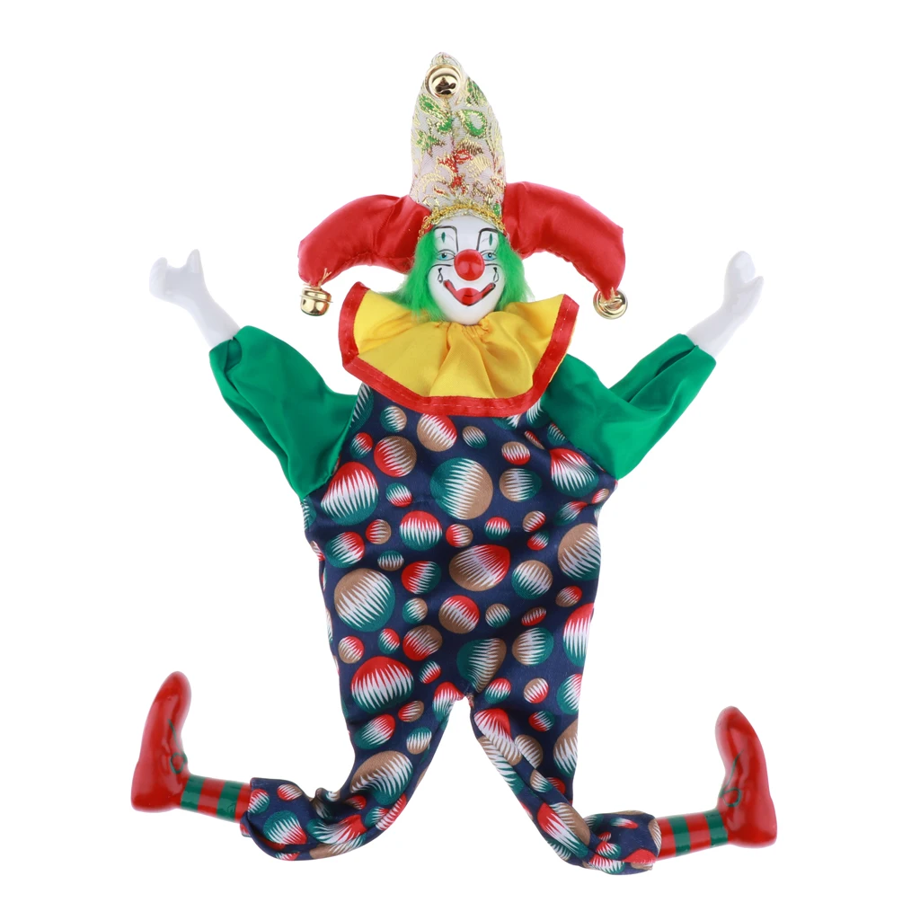 38cm Vintage Porcelain Clown Doll, Hand Painted Harlequin Doll Home Office Display Decoration 
