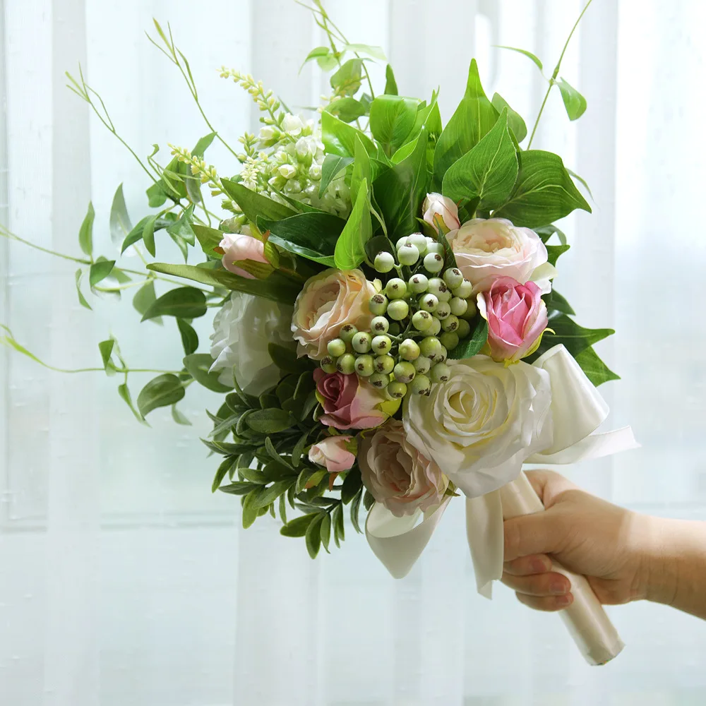 Bridesmaid Bouquet Pompom Eucalyptus Leaf Wedding Supplies Wedding Bouquet Artificial Silk Crabapple Flower SPH018