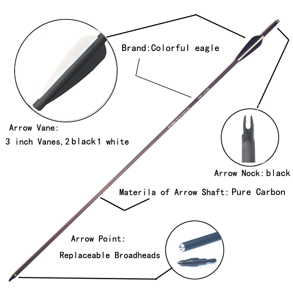 28"30"31" Archery Pure Carbon Arrow spine 300 400 Hunting Arrows With Removable Tips for Compound & Recurve Bow Arrow Shooting