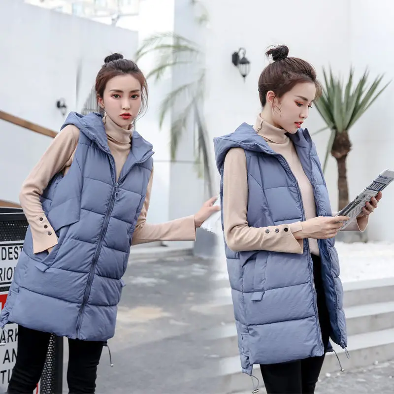 Cheap Plus Size XL-5XL Autumn Winter Long Vest Woman Sleeveless Parkas  Hooded 2023 New Casual Loose Padded Coats Ladies Thick Warm Waistcoat