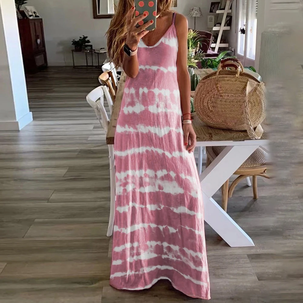 CYSINCOS Women O-Neck Midi Dress Summer Beach Sundress Printed Sleeveless Casual Daliy Boho Long Maxi Dress Vestidos De Verano