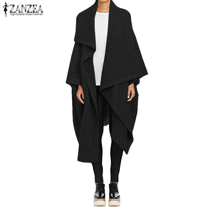 ZANZEA женский водопад длинный плащ пальто зимние свободные куртки кардиган с отворотом шеи шерстяной плащ пончо Femininas однотонная верхняя одежда