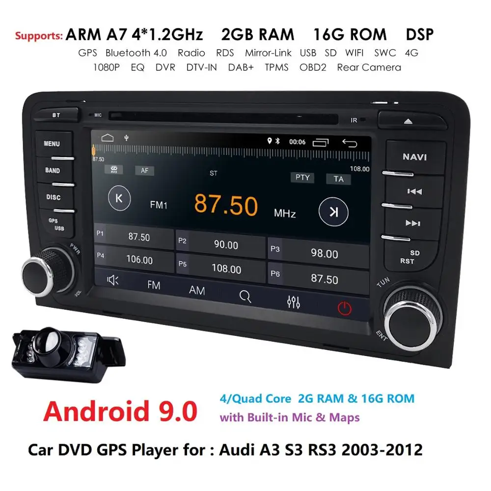 Excellent Ossuret Quad core 2 din Android 9.0 Car GPS Navigation for Audi A3 (2003-2011) Stereo AutoRadio Bluetooth WIFI 4G DVD DAB CAM 2