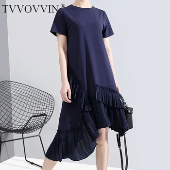 

TVVOVVIN 2020 Summernew Dress Irregular Patchwork Casual Asymmetrical Loose Solid Ruffles O-neck Streetwear Empire Pleated A250