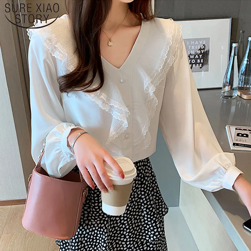 

2021 Autumn New Korean Long Sleeve Women Blouses V-neck Wavy Chiffon Shirt Solid White Ladies Tops Regular Office Lady 5680 50