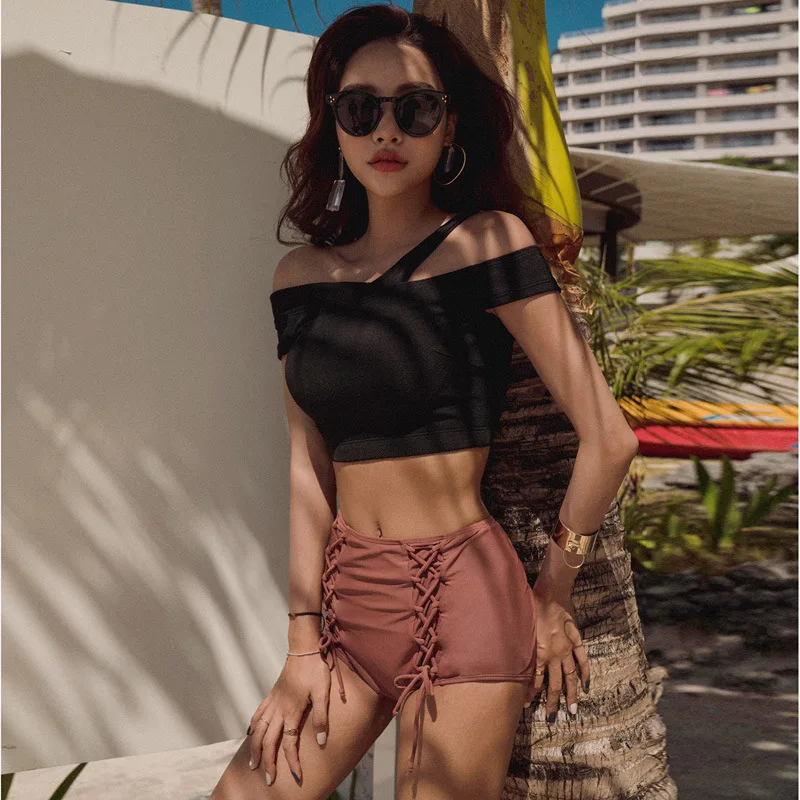 Купальный костюм, женская одежда для плавания размера плюс, танкини для девочек, бикини с высокой талией, купальник, корейский купальник для женщин, два предмета для подростков