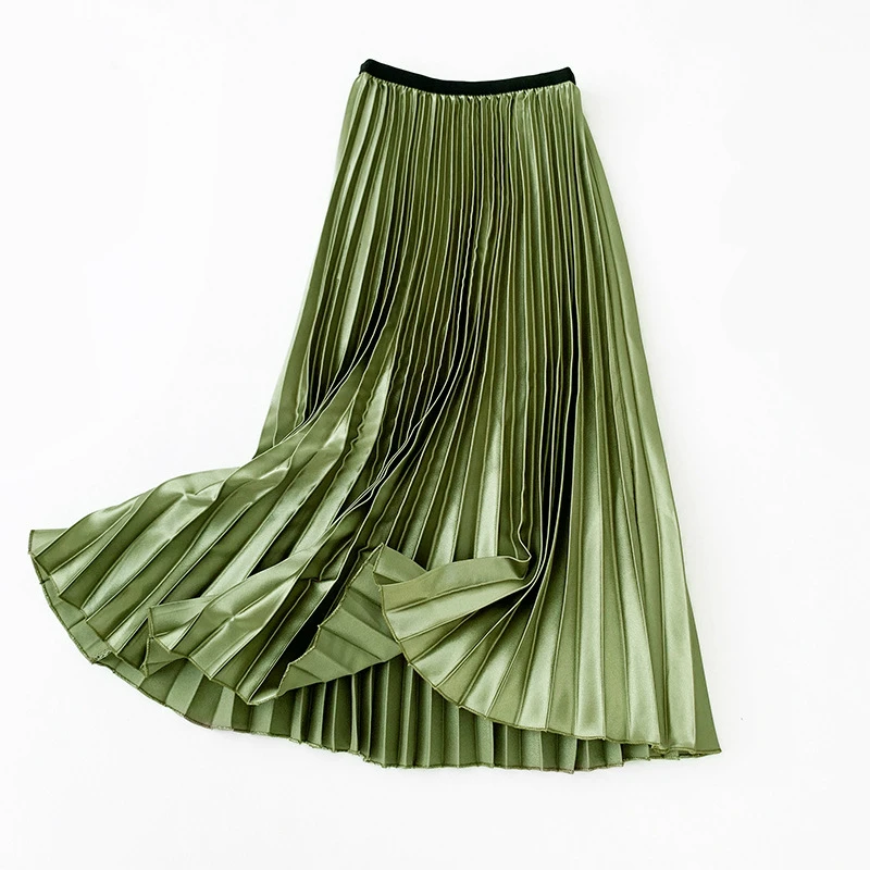 

Metallic Satin Pleated Midi Skirt Women High Waist A-line Skirts 4 Colours Blue Glossy Drapped Romantic Organ Retro with Lining