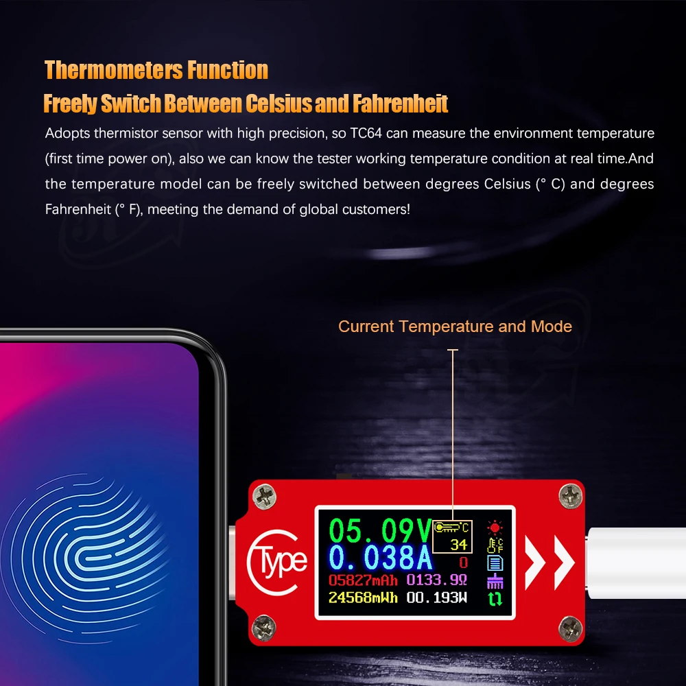 Мультиметр TC64 тип-c цветной ЖК-дисплей USB Вольтметр Амперметр Напряжение измеритель тока батарея PD зарядное устройство USB Тестер