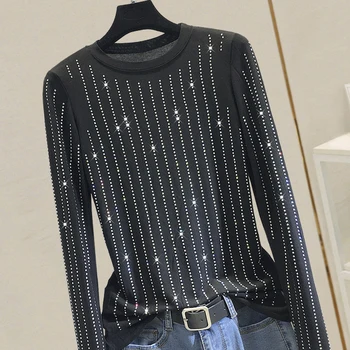 

2019 New Spring Autumn All-match O Neck Female Pullovers Top Personality Hot Drilling Slim Long Sleeve Basic Women T-shirts