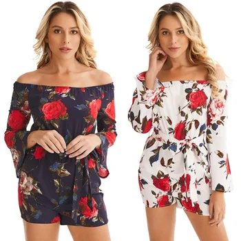 

Summer Jumpsuit Women Off-Shoulder Ruffle Body Femme Print Playsuit Sexy Overalls For Ladies Rompers Beach Bodysuit