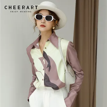 

CHEERART Minimal Art Print Long Sleeve Shirt Women Satin Korean Style Ladies Blouses Button Up Shirt Purple Designer Top
