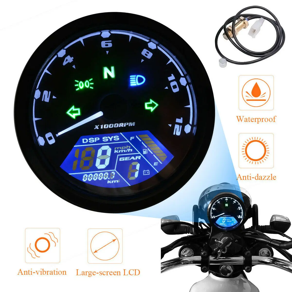 Blue LCD Display Digital Tachometer RPM Tacho Gauge Meter For Motorcycle 