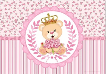 

7x5FT Beautiful Cute Teddy Bear Pink Stripes Floral Flowers Gold Crown Custom Photo Backdrop Background Vinyl 220cm X 150cm