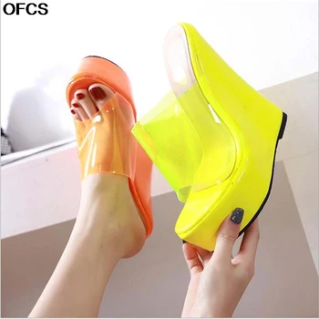 

2020 New PVC Transparent Wedges Women Slippers High Heels Women Sandals Waterproof Platform Slip-On Beach Casual Women Shoes