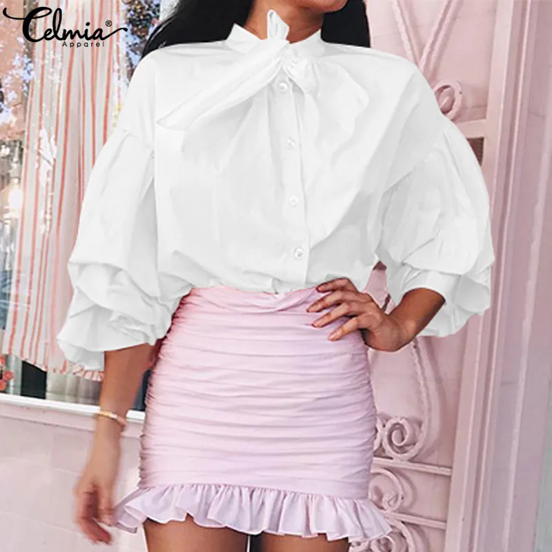 Fashion Blouses 2020 Celmia Women Long Flare Sleeve Bow Tie Buttons Casual Shirts Elegant Office Blusas Femininas Plus Size Tops - 4.00059E+12