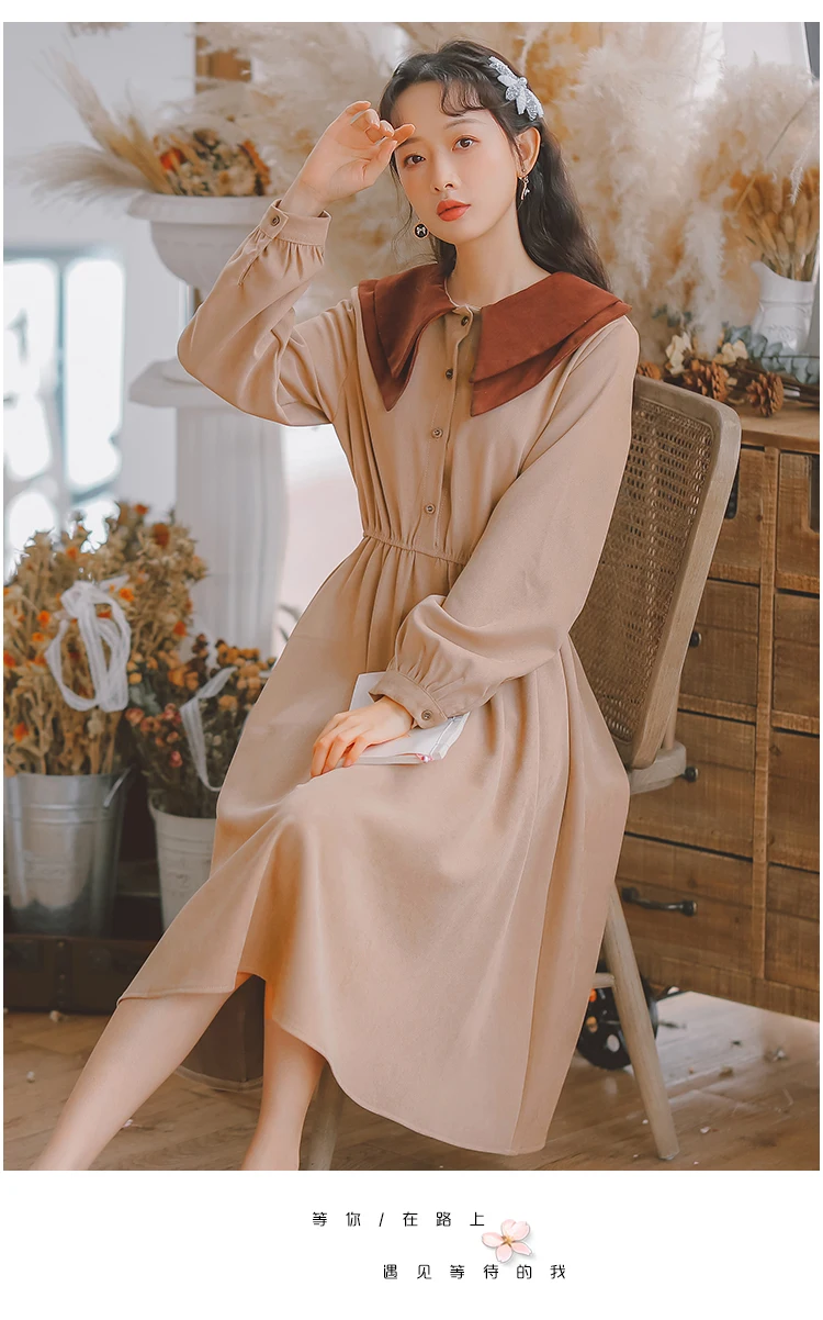 Японское Mori Girl зимнее платье абрикосовое, кофейное, ретро желтое Vestidos женское винтажное платье до колен с длинным рукавом