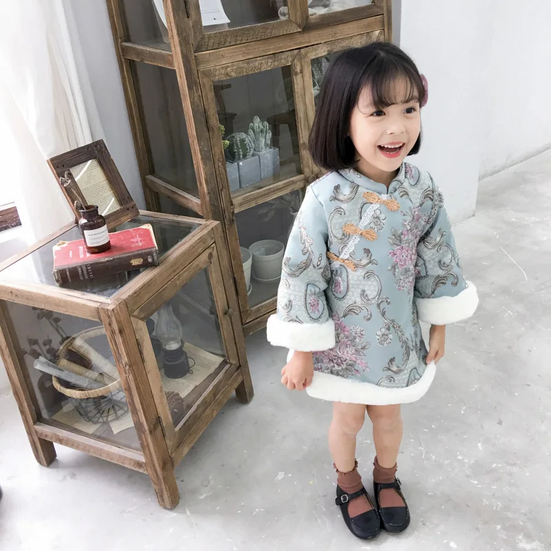 Осень-зима, Новое поступление, модное платье с длинными рукавами и цветочным рисунком для девочек, детское теплое платье принцессы