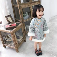 Осень-зима, Новое поступление, модное платье с длинными рукавами и цветочным рисунком для девочек, детское теплое платье принцессы