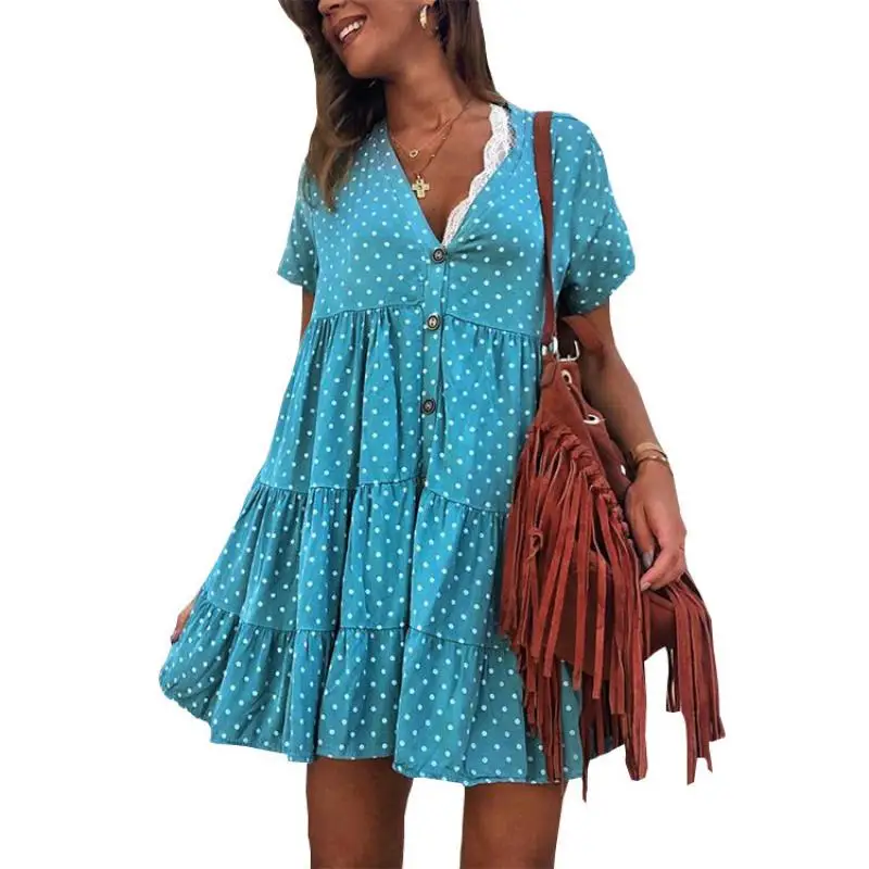 Women's Pleated Dress Short Sleeve V-neck Button 2021 Summer Beach Dress One Line Loose Polka Dot Party Dress