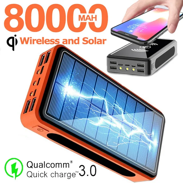 80000mAh Qi Wireless Solar Power Bank Charge Mobile Power 4usb Charger 9V4A External Battery Bank for