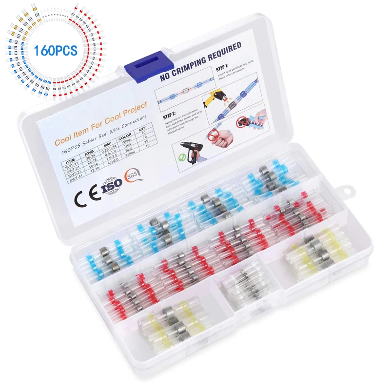 

160PCS Solder Seal Wire Connectors Mixed Heat Shrink Butt Connectors Waterproof Marine Automotive Electrical Terminals