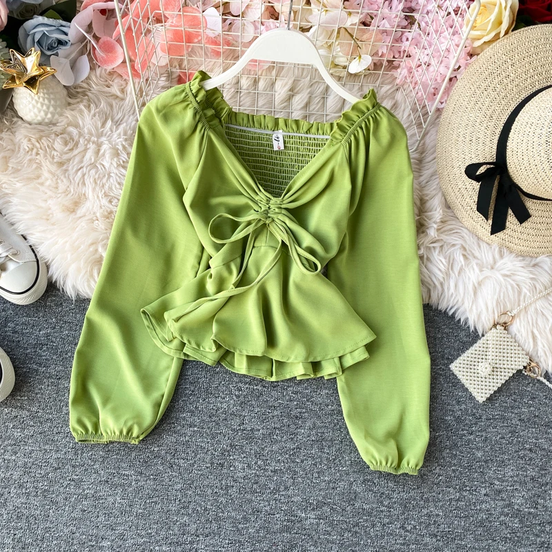 

Women's Spring Autumn New Shirt Top Korean Lantern Sleeve V-neck Ruffles Lacing Blouse Top Waist Short Chiffon Shirt Tide ML690