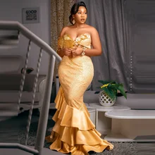 

Luxury Gold Aso Ebi Prom Dresses Strapless Mermaid Plus Size Tassels Tiered Satin Zipper Back Custom Made Long Evening Gowns