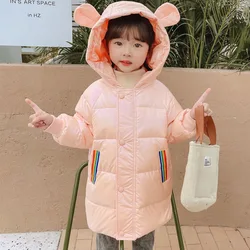Inverno moda quente pato branco para baixo criança casaco longo bebê meninas jaquetas rainbow bolsos crianças outerwear para 2 8 anos de idade