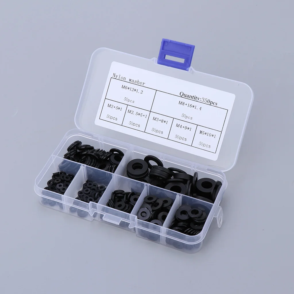 350Pcs Black & White Nylon Flat Spacer Assortment Shim Set Plain Washer O-Ring Gasket Kit M2 M2.5 M3 M4 M5 M6 M8