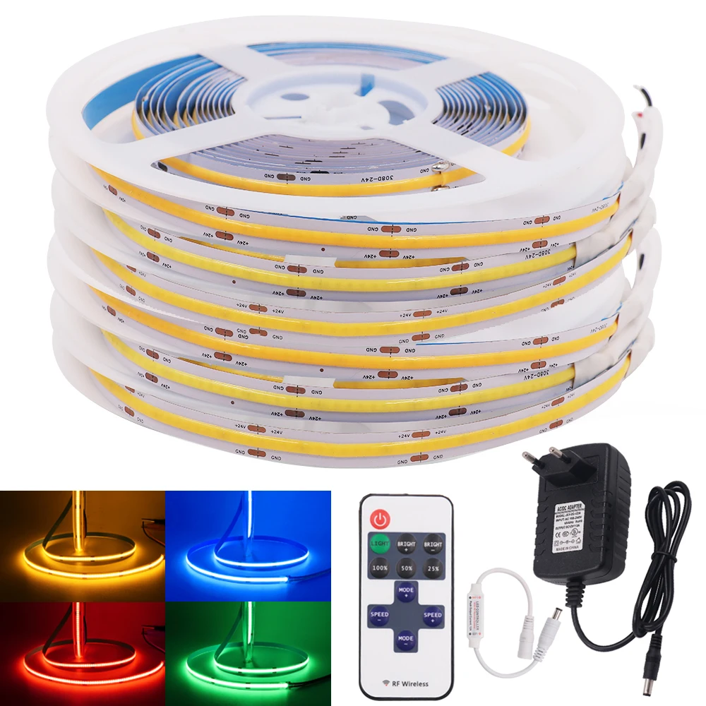 

LED COB Strip Light Dimmable 12V 24V High Density Linear Decoration Lighting 384LED RA 90 White Blue Red Green Tape Lights