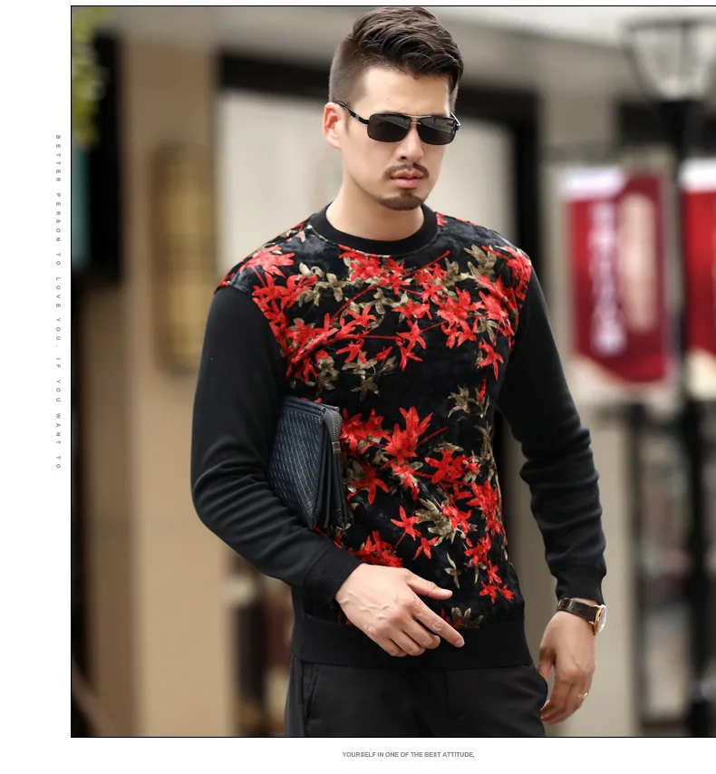 style1 Мужская Толстая теплая осенне-зимняя теплая футболка из мягкого бархата с длинным рукавом и цветочным принтом, облегающая Повседневная велюровая футболка - Цвет: style1